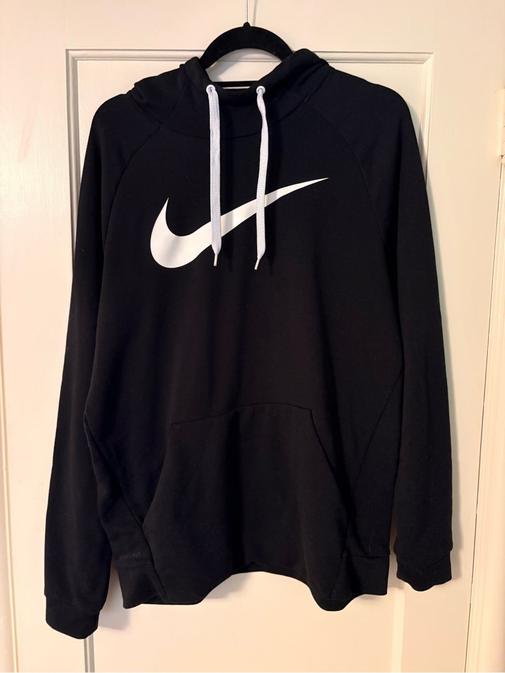 Nike Men's Black Pullover Hoodie with White Swoosh - Dri Fit